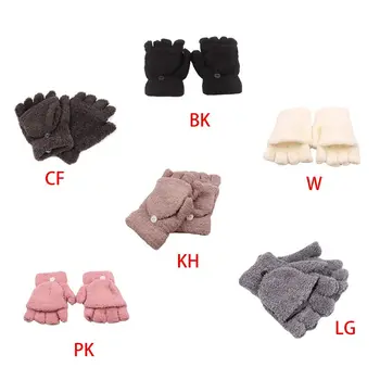 

Women Girls Winter Warm Coral Fleece Fingerless Flip Cap Gloves Lady Female Casual Solid Color Outdoor Half Mittens Button