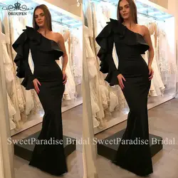 Черное вечернее платье на одно плечо с оборками, длинное платье с бархатным воротником, платья для выпускного вечера для женщин, Robe De Soiree