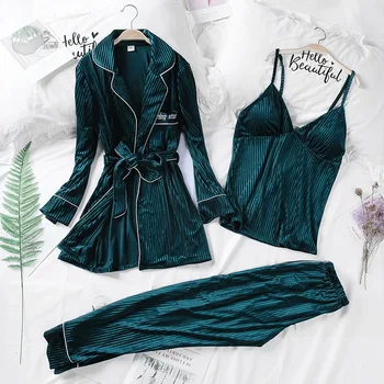 

Pajamas Suit Lounge Women Sexy 3PCS Sleepwear Nightwear Long Sleeve Home Clothing Autumn Bathrobe Warm Home Wear Pijamas Set