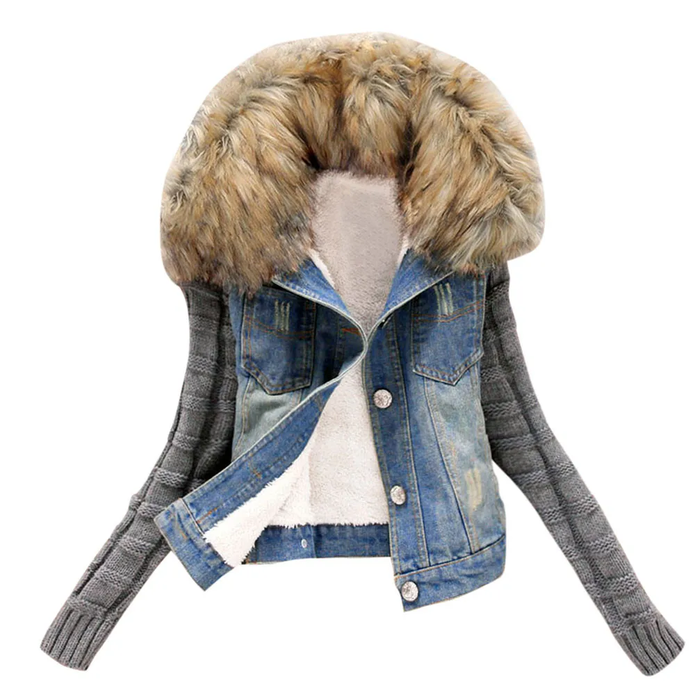 KANCOOLD зимняя куртка с большим воротником из искусственного меха, женские джинсовые куртки с рукавами «летучая мышь», пальто с шерстяной подкладкой, бархатные теплые толстовки с капюшоном - Цвет: Синий