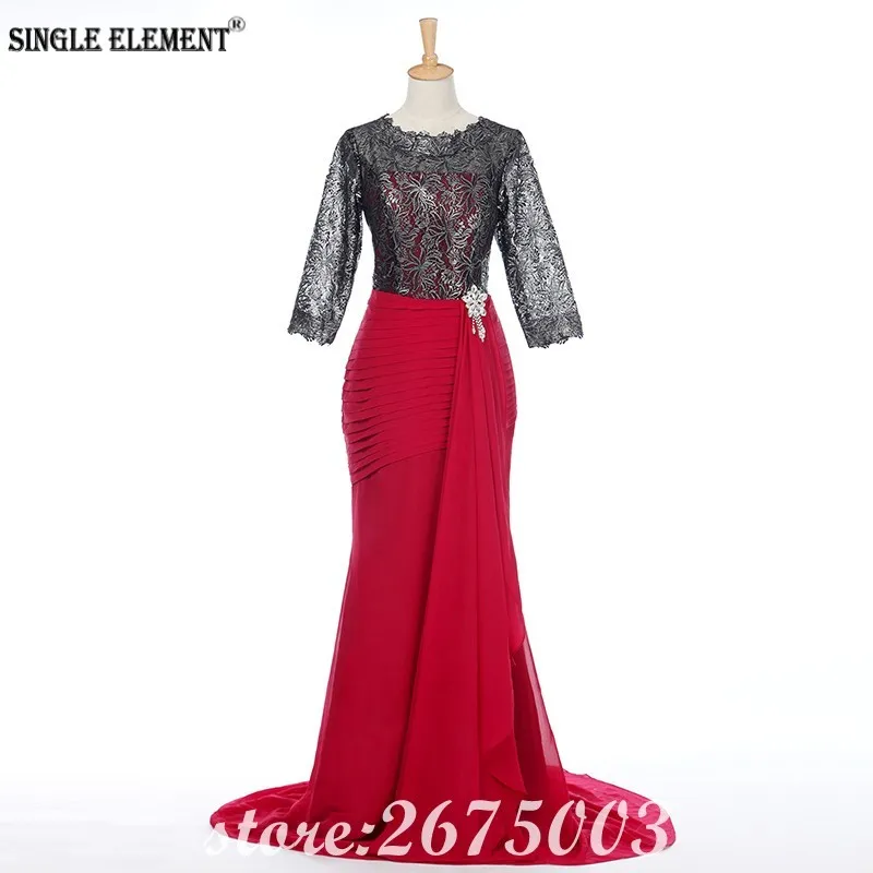 

SINGLE ELEMENT 3/4 Sleeves Black Lace And Red Chiffon Sheath Mother Of The Bride Dresses