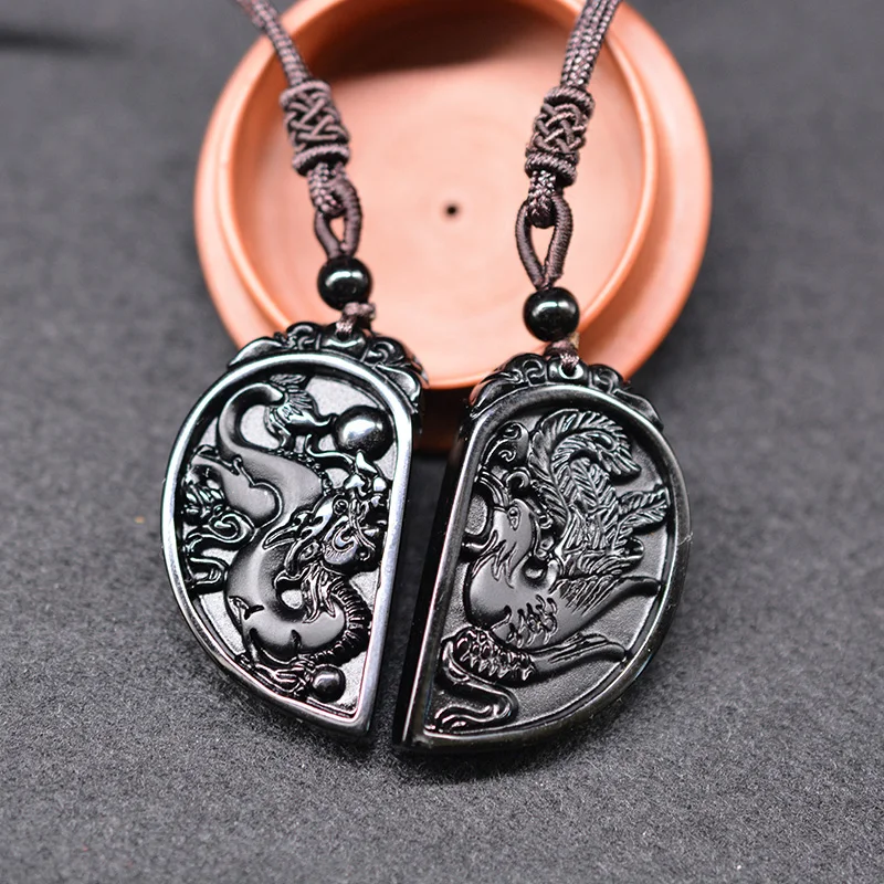 

1 Set Obsidian Carving Dragon and Phoenix Necklace Pendant YIN YANG Pendant Necklace Obsidian Lucky Pendants