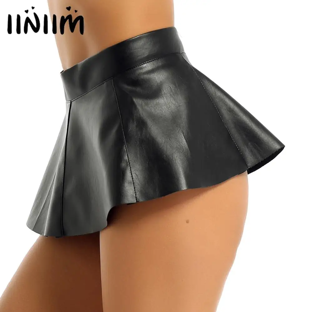 Nuevo  Minifalda plisada de cuero con cremallera frontal para mujer, minifalda Sexy para fiesta de cóctel, espectáculo de baile Yypb3EBRq
