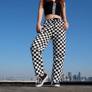 

LadiesHigh Waist Leg Pants Checkerboard Black White Pants Street Style Hip Hop Pants Wide Baggy Straight Trousers