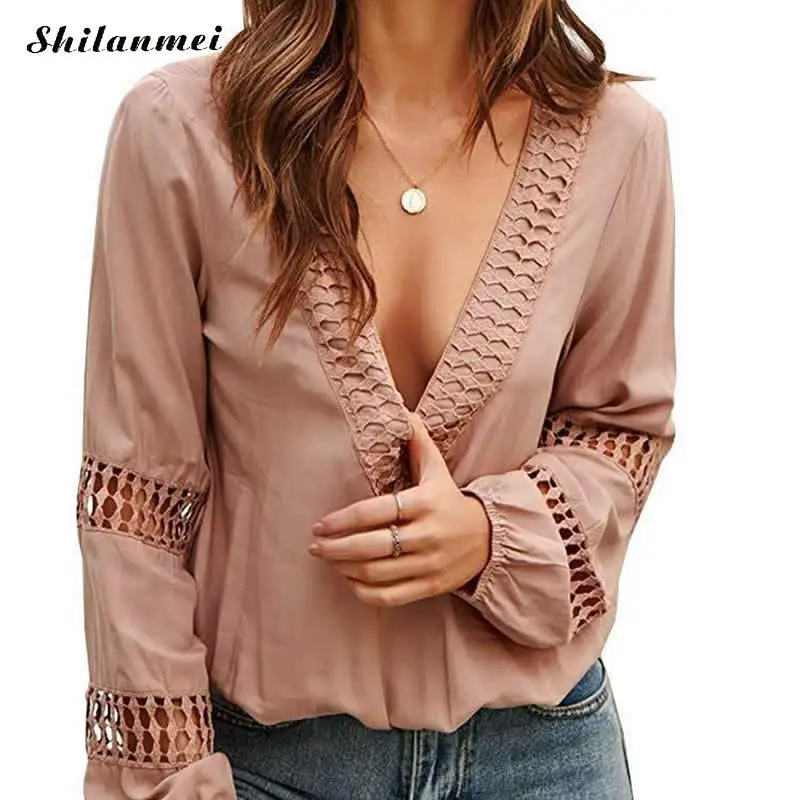 

Autumn Sexy Hollow Out Shirt Deep V Neck Long Sleeve Boho Top Blouses Women White Tops Loose Solid Casual Blusas Feminina