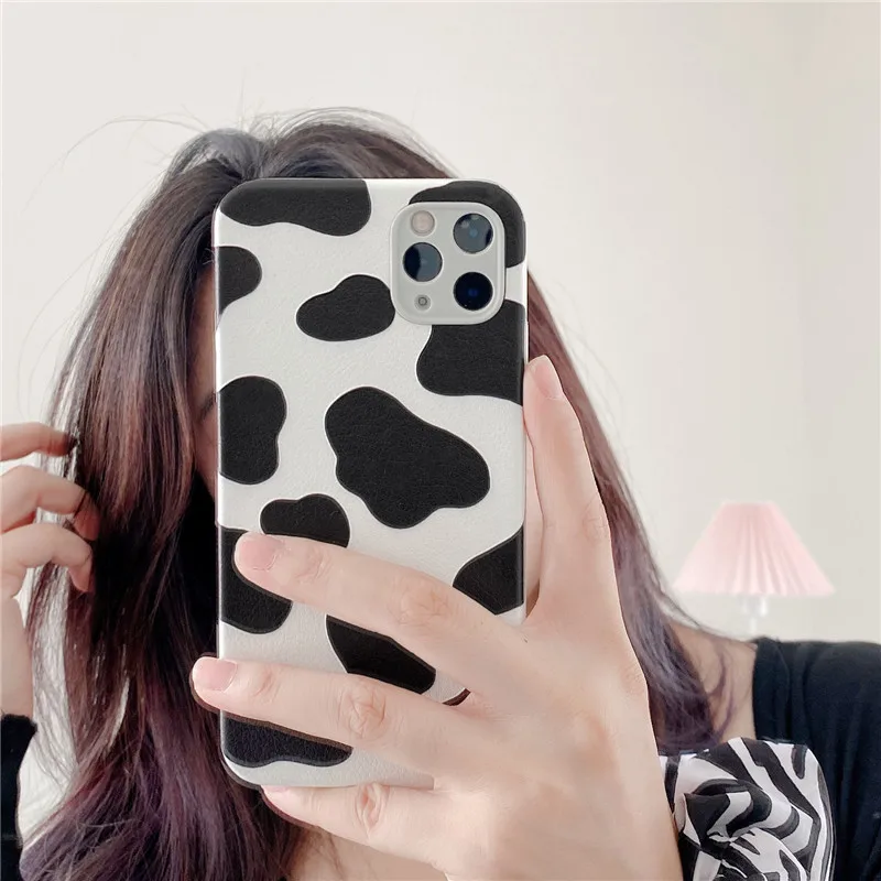 Черно-белый чехол для IPhone 11 Pro MAX SE2 7 8Plus Xs Max XR X Розовый кожаный с принтом коровы |