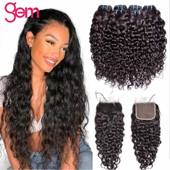 

Water Wave Bundles With Closure Human Hair 3 Bundles With Lace Closure GEM Peruvian Non-Remy Hair Bundle With Closure Natural