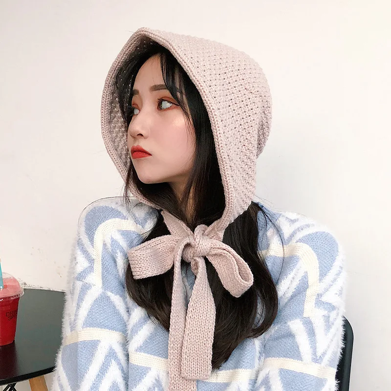 

Cute Hat Women's Autumn And Winter Knitted Warm Wool Korean-style Multi-functional One-piece Hooded Japanese-style Earmuff Set o