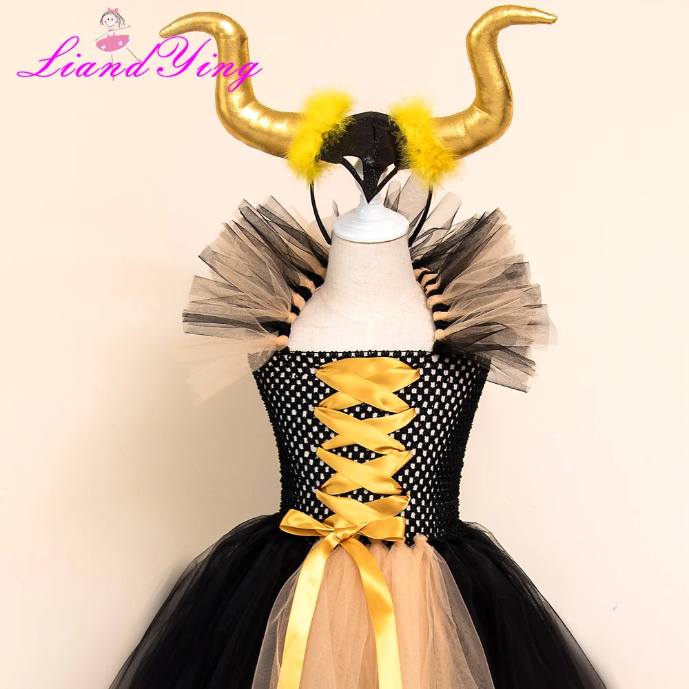 Maleficent/платье-пачка «злая королева» для девочек с рогами, костюм ведьмы для косплея для девочек, детское праздничное платье, детская одежда