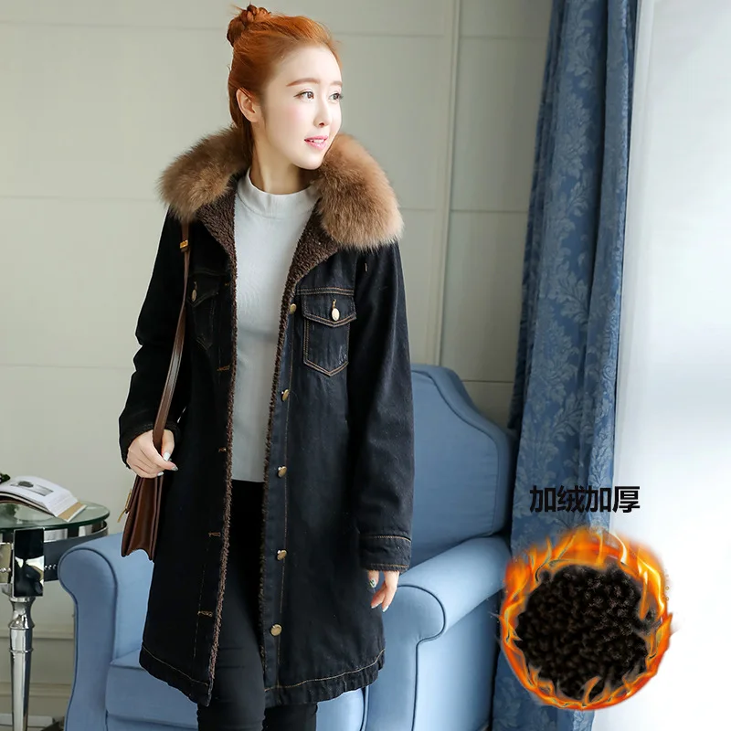 

Photo Shoot New Style Winter Cotton-padded Clothes Women's Mid-length Loose Thick plus Velvet Lambs Wool Jeans Coat Cotton-padde