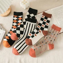 

Winter High Quality Cotton Socks Women Terry Middle Tube Warm Plaid Argyle Vintage Towel Long Socks Ins Lady Casual Sock 5 Color