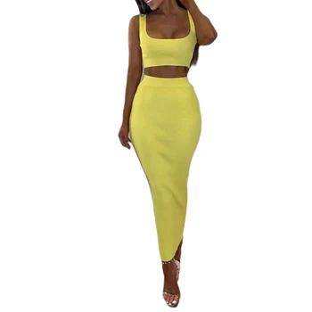 

2pcs Summer Skirt Sets New Sleeveless Tank Top + Elastic High Waist Long Skirt Costumes Female Solid Color Body Matching Outfits