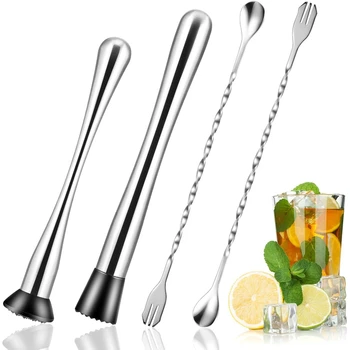 

4 Pieces 304 Stainless Steel Cocktail Muddler and Mixing Spoon, 9 Inch and 10 Inch Juice Muddler, Muddler Bar Tool Set