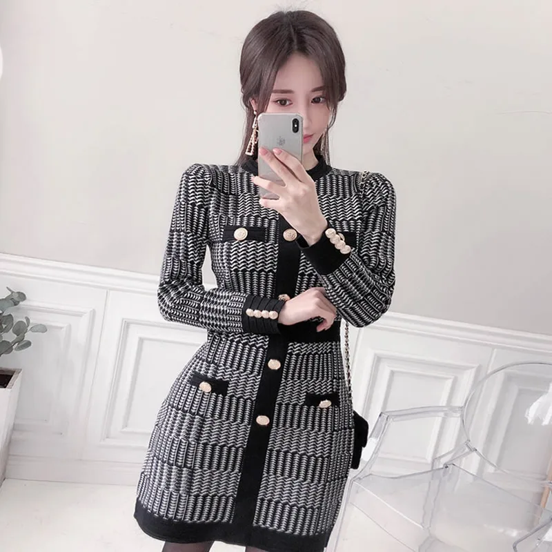 Winter OL Slim Knitted Plaid Vestidos Women Pencil High Waist Bodycon Sexy Mini Daily Sweater Dresses