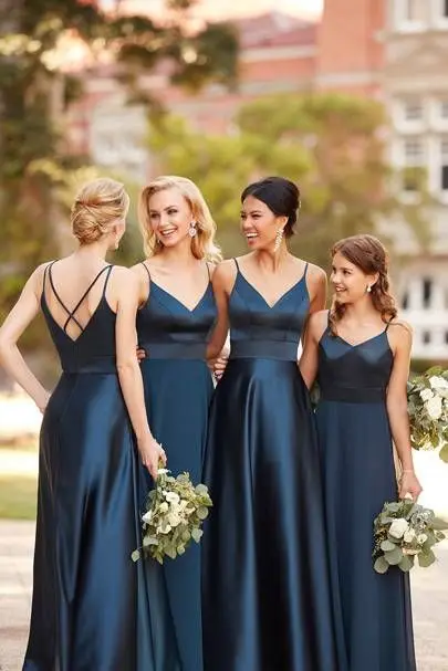 Атласные длинные платья подружки невесты цвета шампанского, темно-синего цвета на бретельках, v-образный вырез, вечерние платья для гостей на свадьбу, группа невесты, vestido madrinha - Цвет: navy
