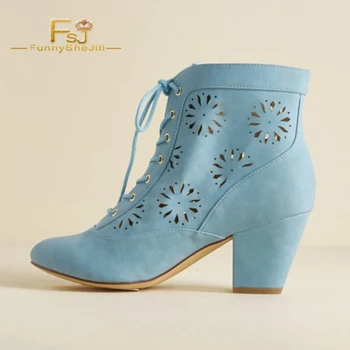 

Spring Autumn Light Blue Vintage Boots Hollow Out Lace up Chunky Heel Women Booties Ankle Boots Women's Casual Shoes Big Size 16