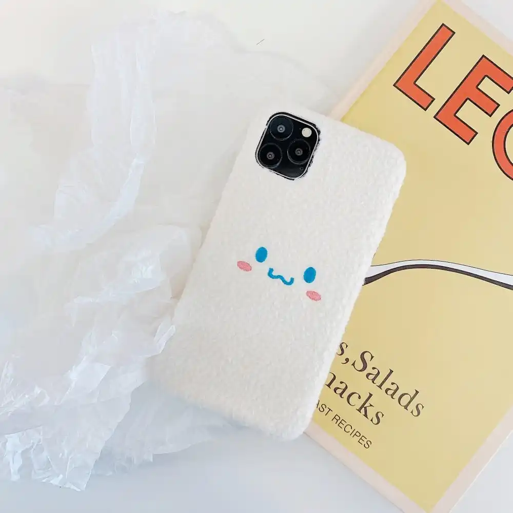 

for iPhone 8 7 Plus X Xr Xs Max Case Cute Furry Fabric Cartoon White Smile Soft Protect Cover for iPhone 11 Pro Kawii Korea Girl