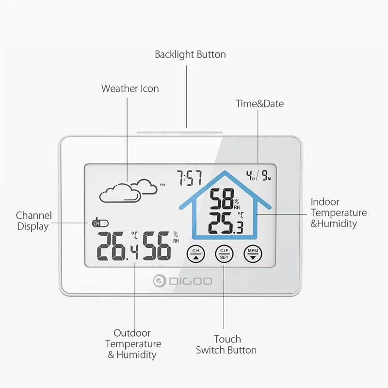 DIGOO DG-TH8380, сенсорный экран, умный дом, метеостанция, ежедневные часы, будильник, термометр, гигрометр, датчик температуры и влажности
