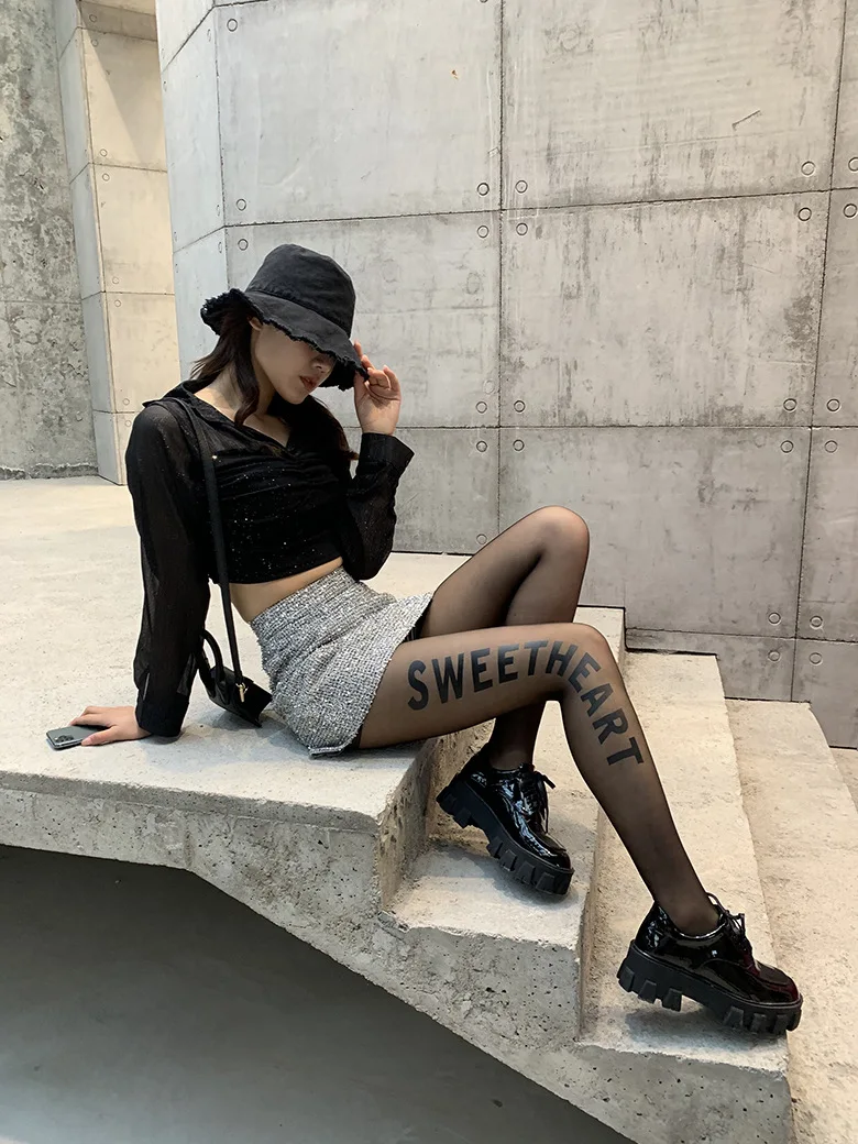 

KASURE Black Letter Tattoo Tights Women Nylon Transparent Sexy Stockings Sheer Footed Character Pantyhose Dance Club Popsocket