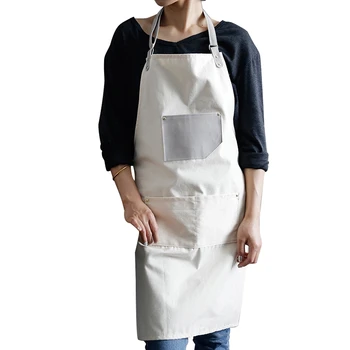 

Blue New Fashion Barber Cotton Aprons for Women Men Adjustable Leather Strap Apron with Leather Pocket and Center Pockets Pinafo