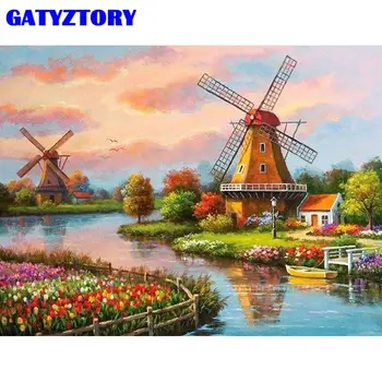 

GATYZTORY Windmill House Landscape Painting By Numbers For Adults Beginners Unique Diy Gift Acrylic Pigment Cnavas Wall Artcraft