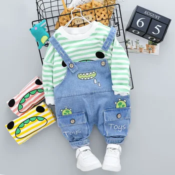

2020 Autumn New 2020 bornInfant Clothing Sets Baby Girls Boys Clothes Stripe T Shirt Cartoon Denim Overalls Kids Costume