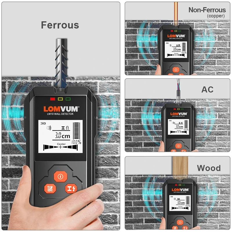 LOMVUM Metal Detector Backlit Black AC Wood Stud Finder Cable Wires Depth Tracker Undeground Sturs Wall Scanner LCD HD Display