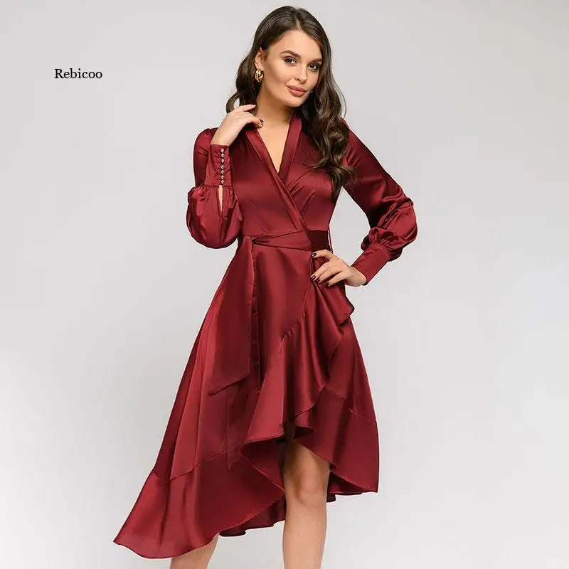 

Autumn Vintage Ruffles Casual Sashes A-Line Party Women Dress Ladies Long Sleeve V-Neck Dress New Fashion Midi Dress Vestidos