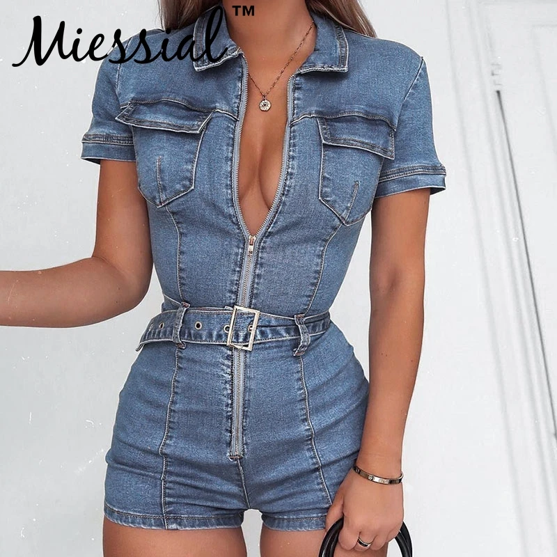 

Miessial Denim v neck sexy playsuit overalls Women party club winter jeans romper Autumn fashion bodycon elegant short jumpsuit