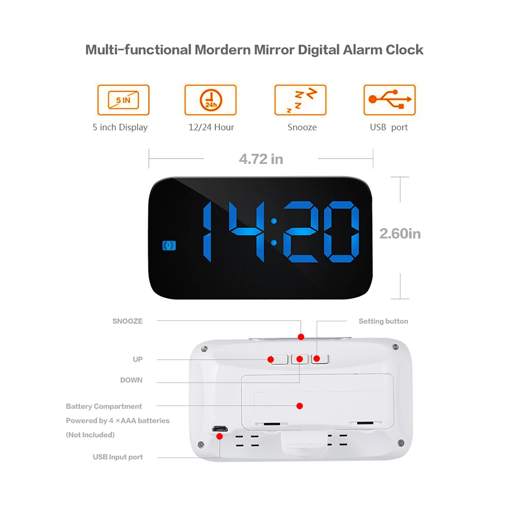Home LED Mirror Screen Digital Sleepy Alarm Clock Red / Blue / Green Digital Display USB Charging Indoor Decoration Alarm Clock