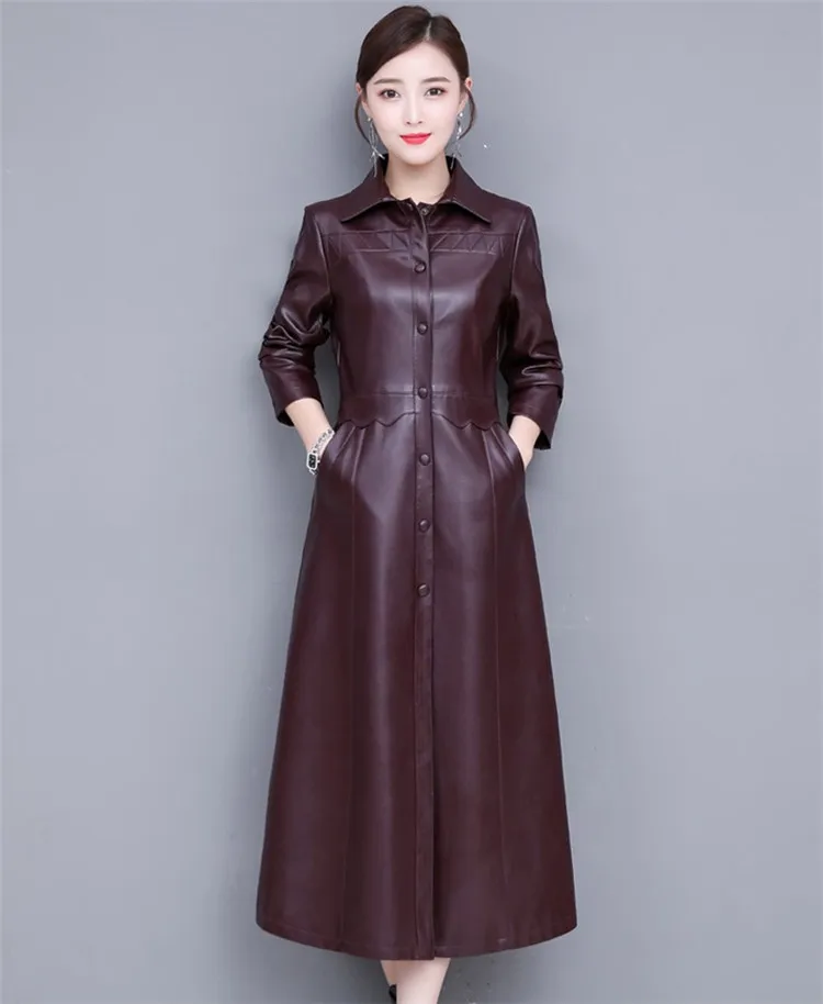 Модная X-long кожаная женская однобортная куртка из искусственной овчины Женская Повседневная приталенная кожаная верхняя одежда больших размеров 3052 - Цвет: Deep wine red