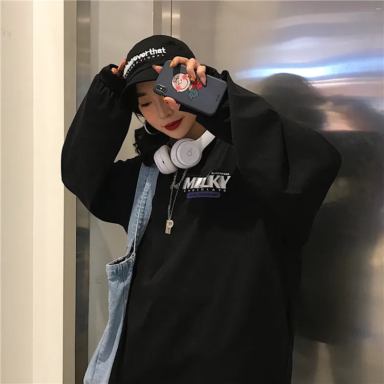 Осенние женские футболки Повседневная одежда корейский стиль Ulzzang Harajuku с буквенным принтом и длинным рукавом Футболки женские белые топы