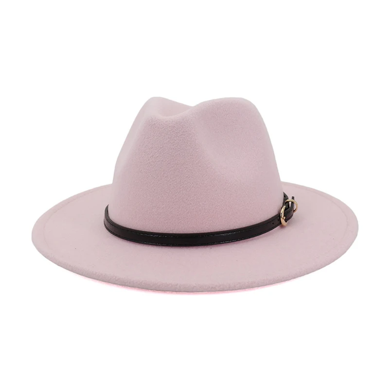 Pink fedora FS британский стиль желтый шерстяной фетр джазовая фетровая шляпа для мужчин и женщин с плоскими полями Кепка джентльмен Европа официальная шляпа флоппи Трилби праздничные колпаки - Цвет: Pink fedora