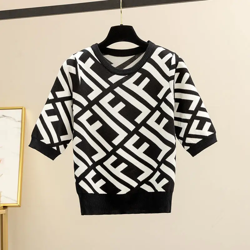 Letter Pullover 2021 Spring and Summer New Jersey Women's Short Sleeve Round Neck High Waist Short Slim Top Fashion