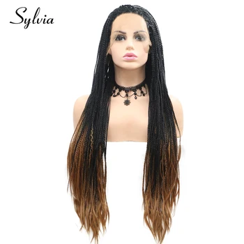 

Sylvia Black to Brown 2t Ombre Braided Box Braids Synthetic Lace Front Wigs Half Hand Tied Braiding Heat Resistant Fiber Hair