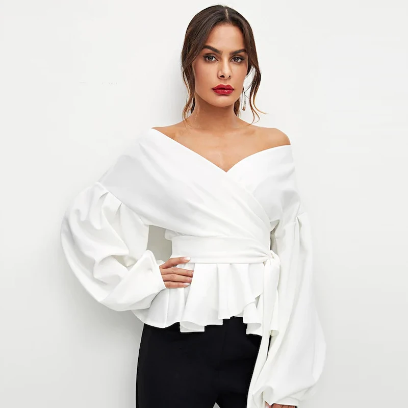 iClosam Elegant White Blouses Office Ladies Lantern Sleeve Blouse Solid Color Autumn Sexy Black Women Tops