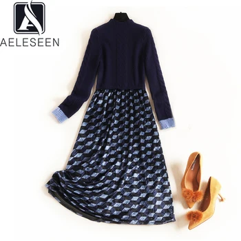 

AELESEEN 2019 Winter New English Style Plaid Office Lady A-Line Dresses Knitting Tops Spliced Velvet Moon Print Midi Dress
