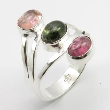 

Solid Natural Tourmaline 3 STONE Ring Size 9 21 mm Gift Jewelry