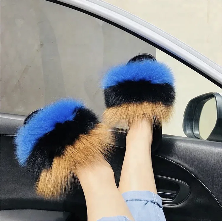 ZDFURS 2020 Hot Sale Women Fox Fur Slides Multicolor Summer