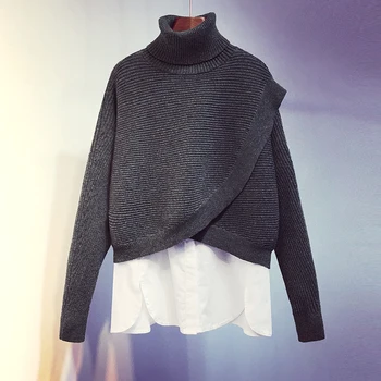 

[EWQ] 2020 Spring Autumn New Full Sleeve Turtleneck Patchwork Office Lady Women's Two-piece Suit Pullover Knitted Sweater TX350
