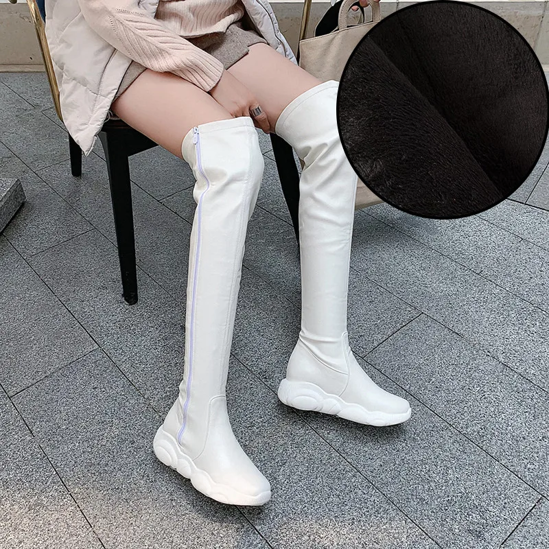 White-Plush Odetina/новые женские сапоги до бедра с круглым носком, на молнии, на массивной платформе, на плоской подошве осенние сапоги выше колена, повседневные, большие размеры 46 - Цвет: White-Plush