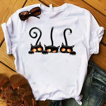 

Tshirt Female Shirt Ladies Clothes Women Fashion T-shirt Womens Graphic Cat Paw Funny Cartoon Print Happy Halloween Fall Top