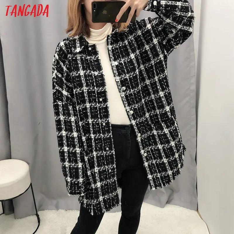 Tangada клетчатое Черное длинное пальто оверсайз Женская куртка повседневное корейское теплое пальто Модные женские пальто BE90