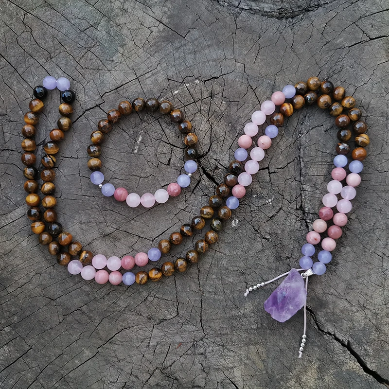 8mm Rose Quartz, Tigers Eye Japa Mala Set,Love,Meditation Mala, Namaste Yoga Jewelry,Buddhist Mala Prayer Bead,108 Beads
