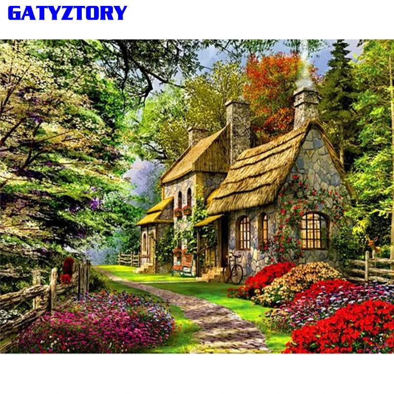 GATYZTORY зеленый дом самодельная роспись по номерам пейзаж современное настенное