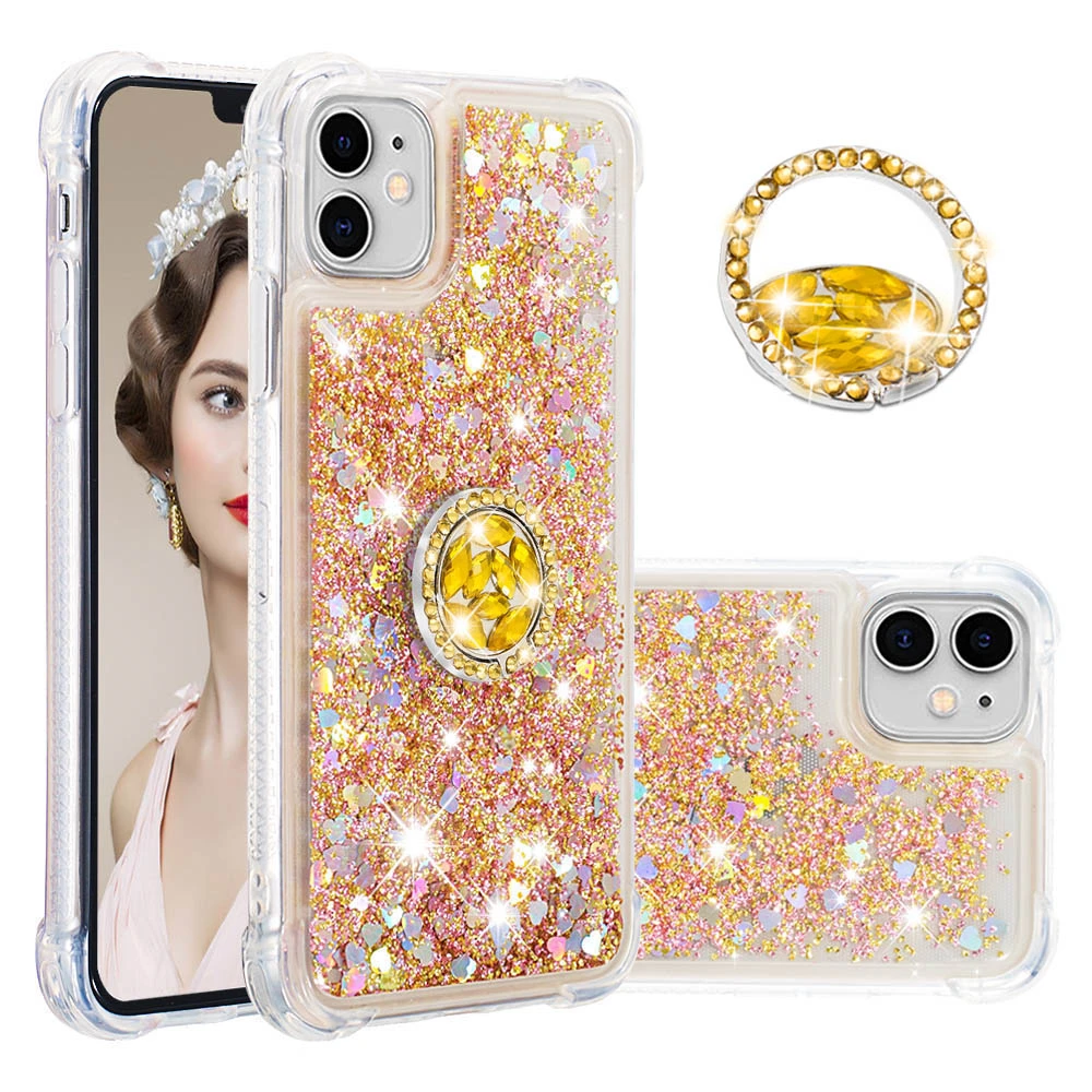 Slim Finger Ring Stand Liquid Glitter Case For iPhone 6 7 8 Plus X XR XS MAX 11 Pro Love Heart Quicksand Soft TPU Cover | Мобильные