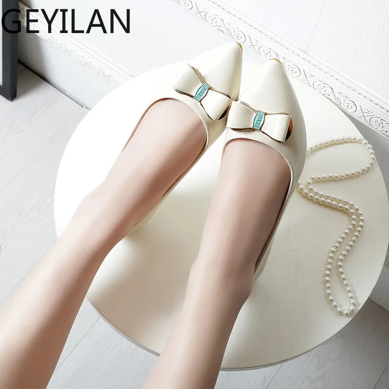 

Sweet Butterfly-knot With Women Basic Low Heel Pumps Pointed Toe Solid Shallow Slip-On Single Shoes Casual PU Ladies Pumps