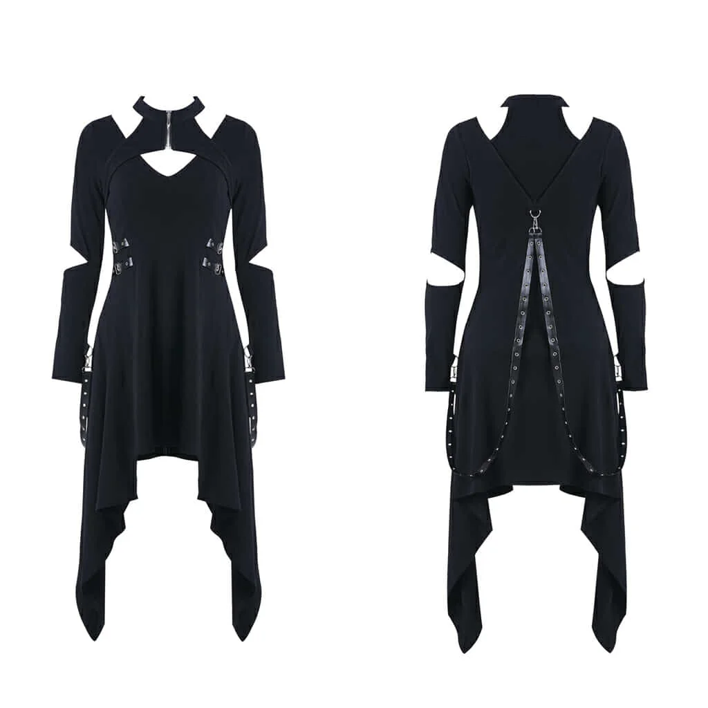 Darkinlove женские панк, искусственная кожа, Обрезанное короткое платье асимметрия V шеи выдалбливают с длинным рукавом платье