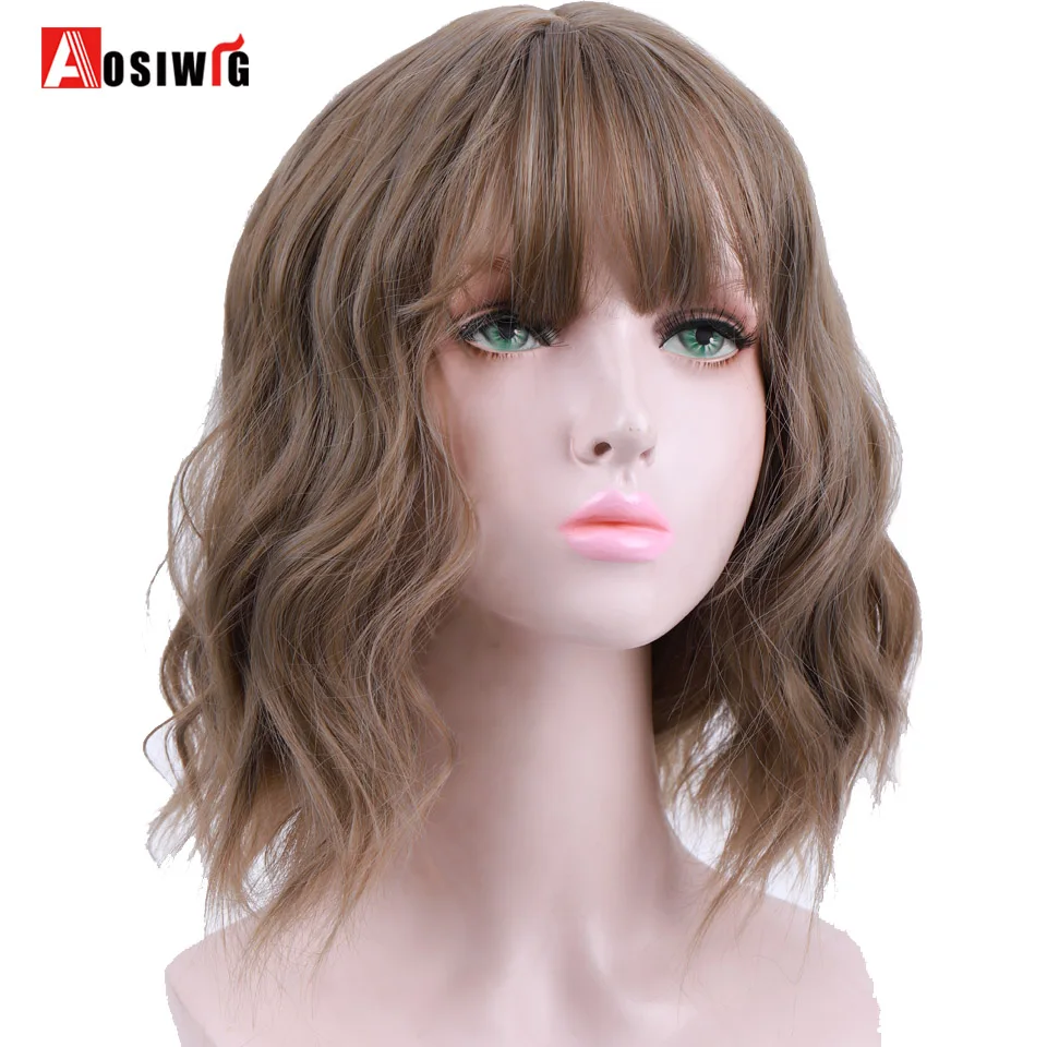 

AOSI WIG Short Water Wave Synthetic Bob Mix Purple Natural 8Colors Cosplay Wig For Women Heat Resistant Fiber Daily False Hair