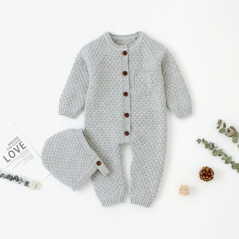 CROAL CHERIE Knitted Baby Romper Long Sleeve Jumpsuit Clothes Sets With Hat Baby Autumn Newborn Baby Boy Girl Clothes (1)